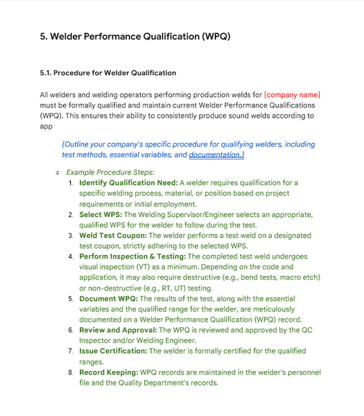 Welding Quality Standards Template